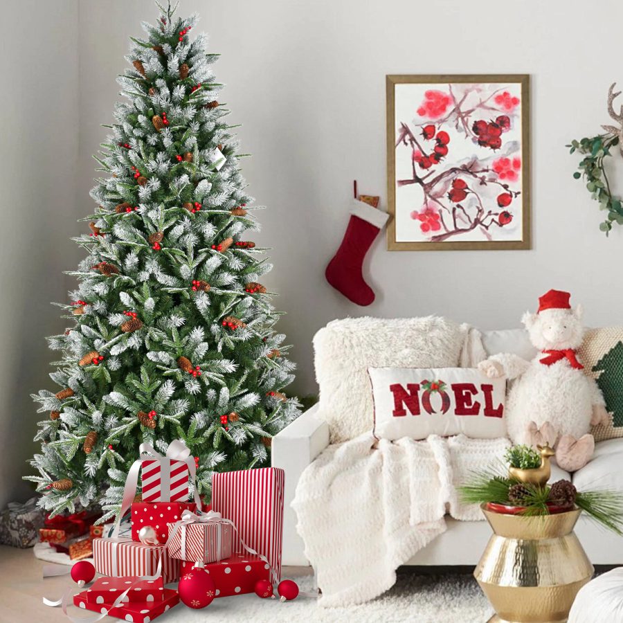 KCF| PE+PVC Xmas Tree with Red Berries & Pine Cones Decorations- Optional LED Lighting
