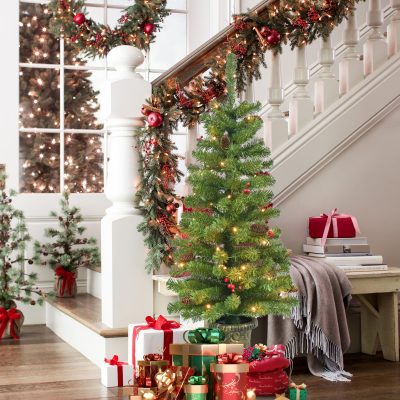 SCTE| 4ft Potted Xmas Tree with Pine Cones & Pre-lit LED Lights