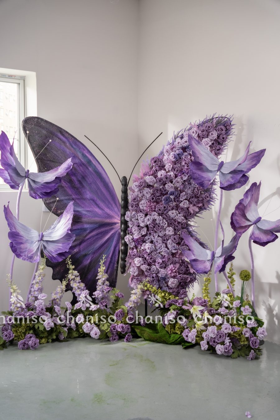 Giant Butterfly Installation with Companion Flowers